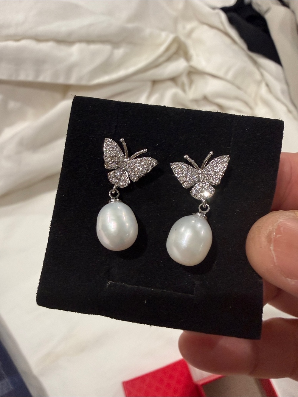 Pearl Drop Butterfly Earrings - Silver Tone